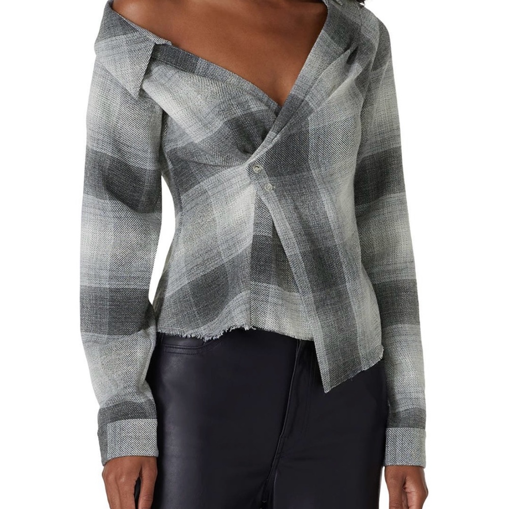 RtA Black and Gray Plaid Off-Shoulder Blouse